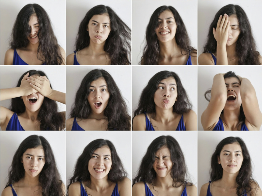 A grid 4x3 of snapshots of a woman showing her head and shoulders. She is showing a wide range of different facial expressions and emotions.