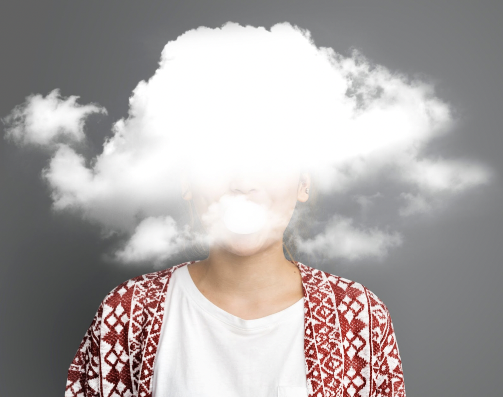 A human figure with the head covered by clouds, representing mental and emotional stress.